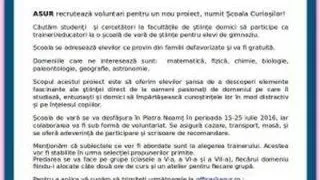 ASUR recruteaza voluntari pentru un nou proiect, numit Scoala Curiosilor!